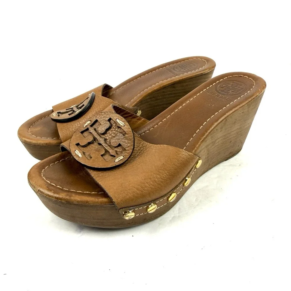 Tory Burch Patti Wedge 6.5 Brown Leather Slip On Womens Studded Heel Shoes